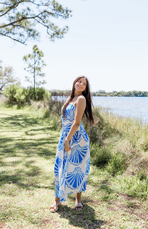 SEASHELL DREAMS MIDI DRESS IN BLUE
