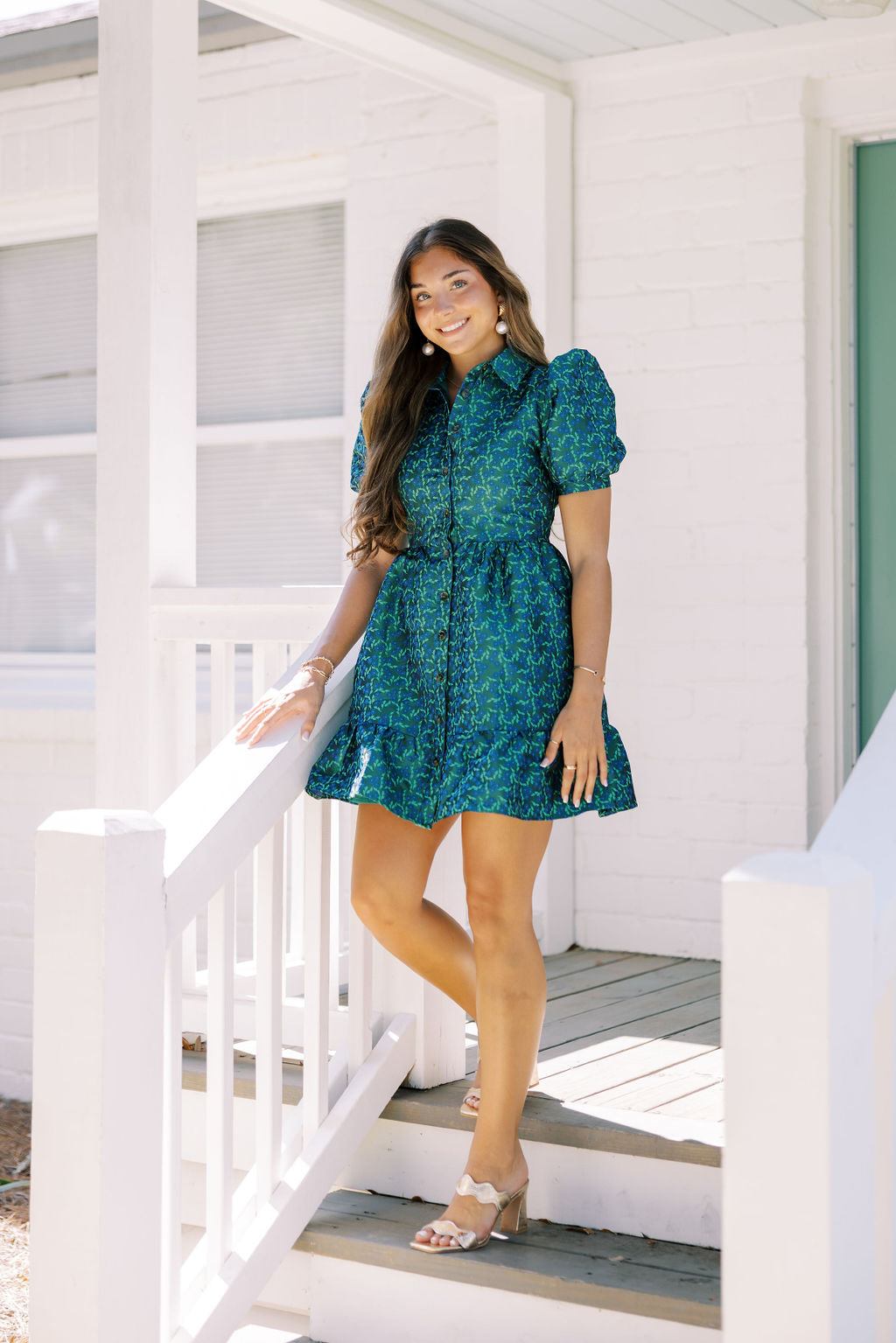 JOVIE FLORAL JACQUARD DRESS IN GREEN & BLUE