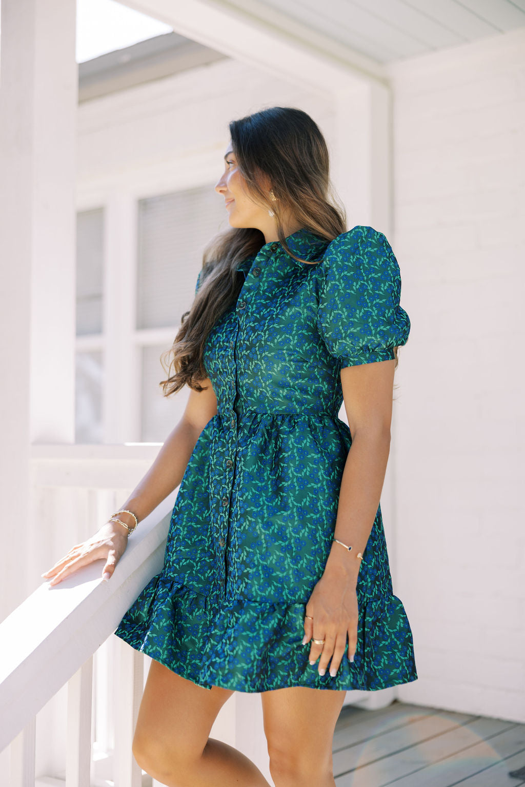 JOVIE FLORAL JACQUARD DRESS IN GREEN & BLUE