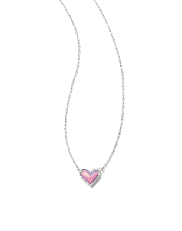 KENDRA SCOTT FRAMED ARI HEART SILVER PENDANT NECKLACE IN LILAC OPALESCENT RESIN