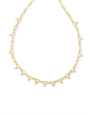 KENDRA SCOTT LINDY GOLD CRYSTAL CHAIN NECKLACE IN WHITE CRYSTAL