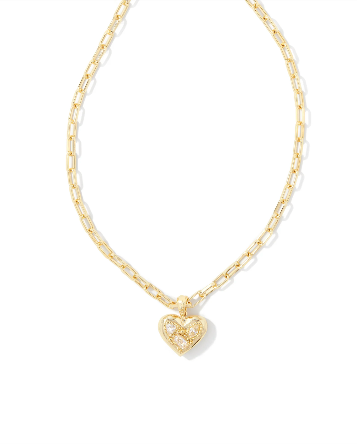 KENDRA SCOTT PENNY GOLD HEART SHORT PENDANT NECKLACE IN WHITE CRYSTAL