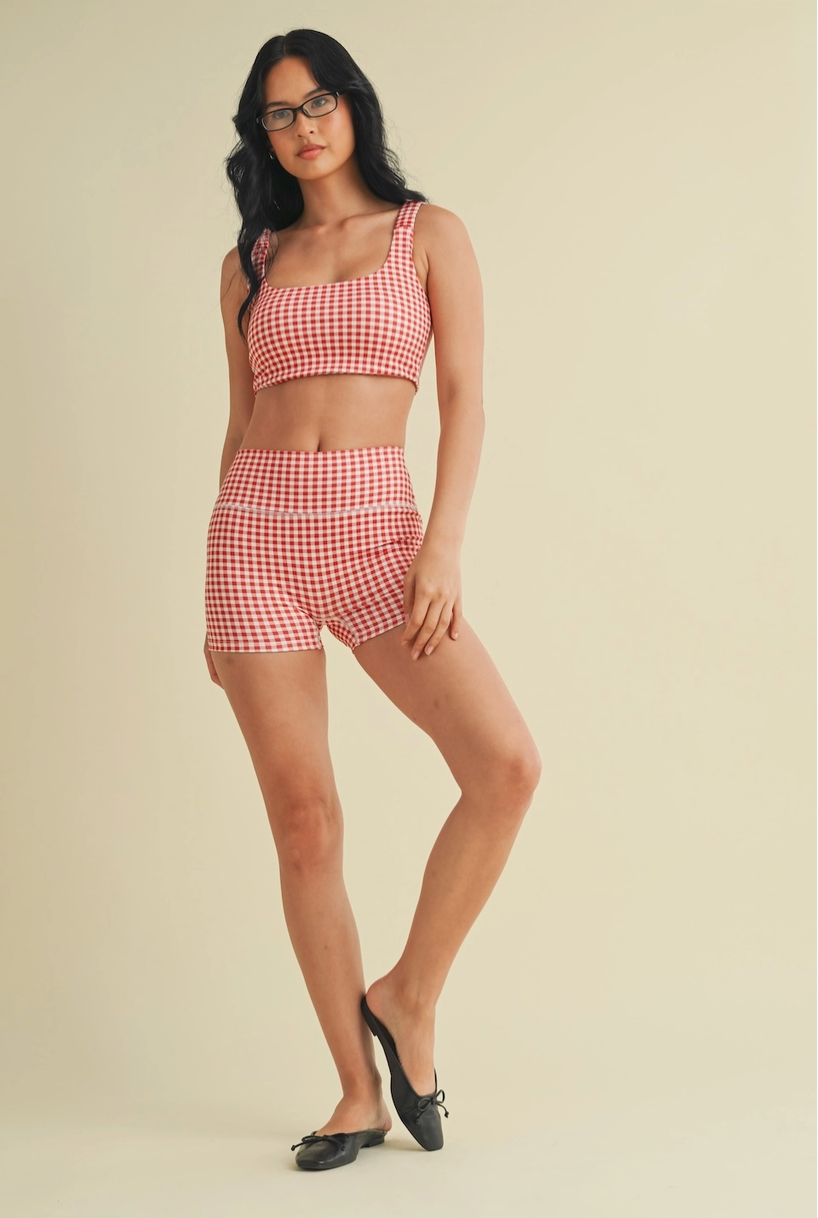 GINGHAM PRINT RUCHED BRA IN RED