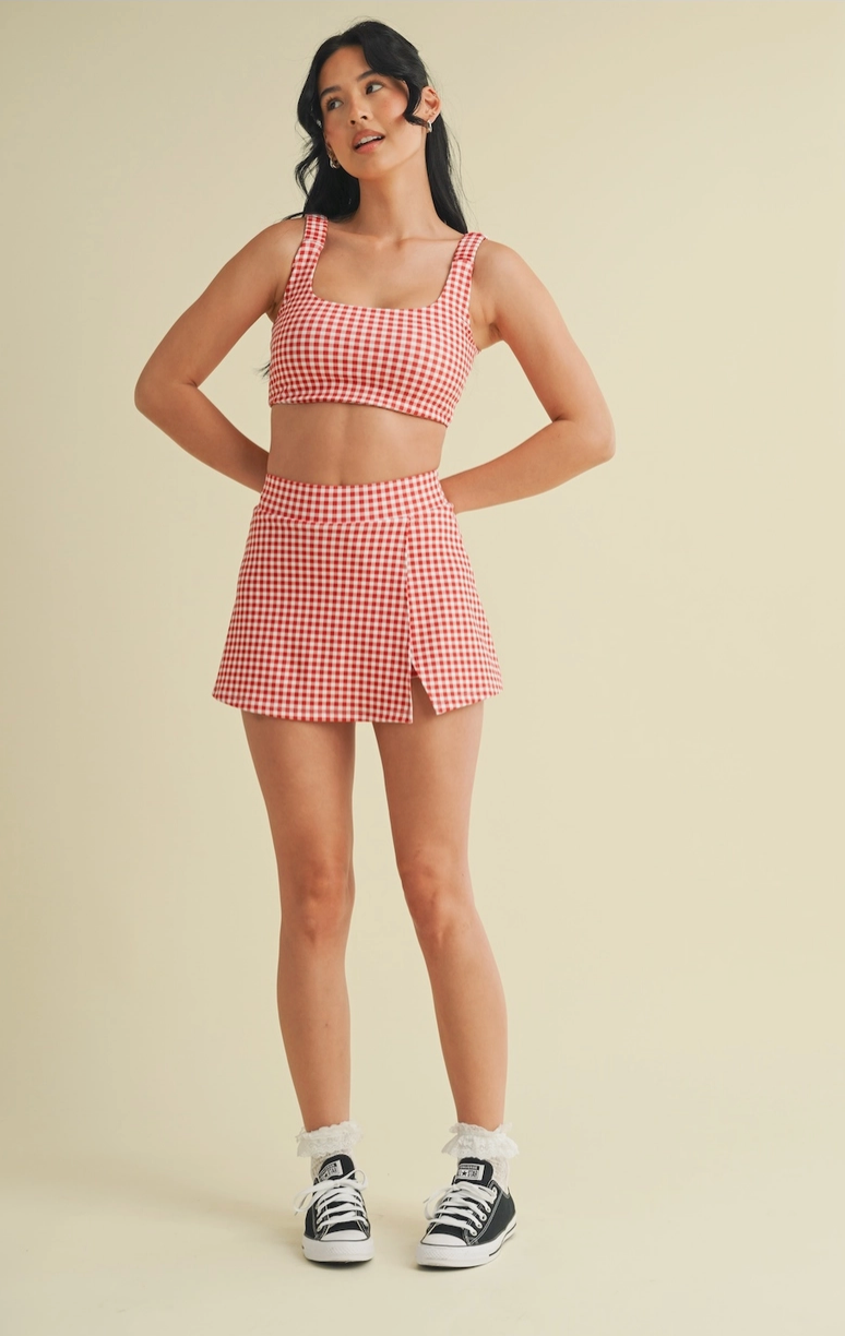 GINGHAM SIDE SLIT A-LINE SKORT IN RED