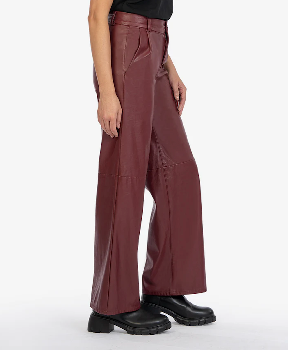 KUT FROM THE KLOTH JEAN HIGH RISE WIDE LEG COATED TROUSER IN BORDEAUX