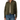 An olive green utility jacket with a brown collar and cuffs, worn by a model with blue jeans against a white background.