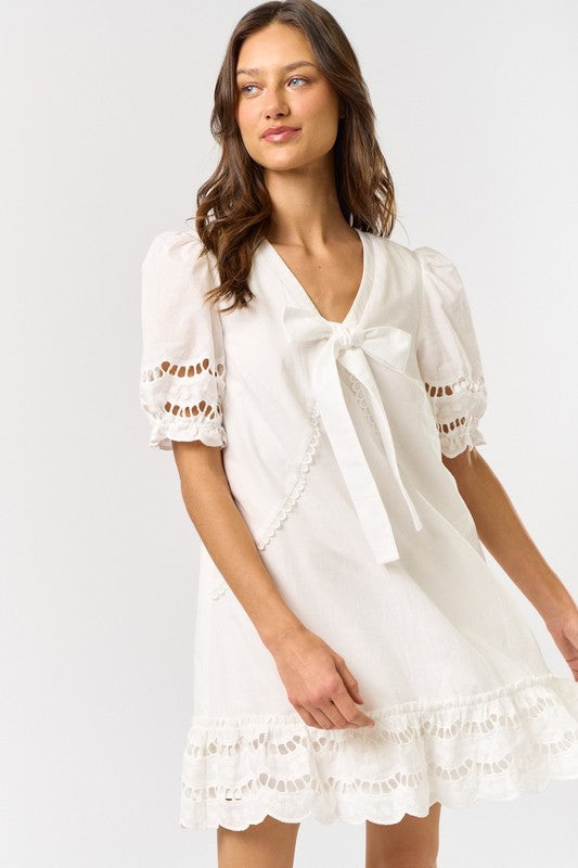 PUFF SLEEVE MINI DRESS IN OFF WHITE