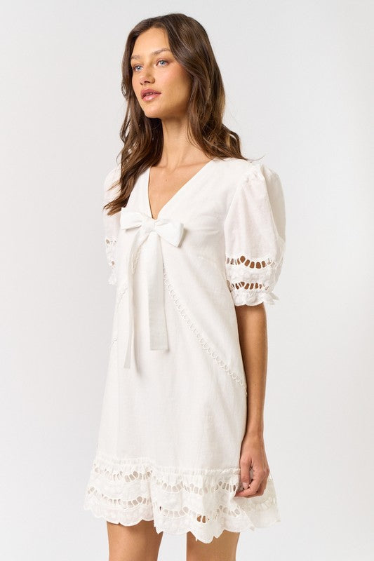 PUFF SLEEVE MINI DRESS IN OFF WHITE