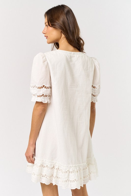 PUFF SLEEVE MINI DRESS IN OFF WHITE