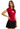 Woman wearing a red t-shirt with an American flag design and a black skirt on a white background