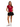 Woman wearing a red t-shirt with an American flag and black shorts on a white background