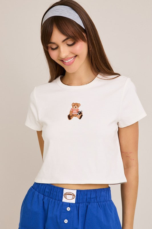 BABY TEE WITH ORANGE TEDDY BEAR GRAPHIC