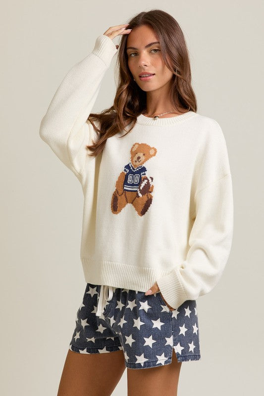 LONG SLEEVE TEDDY BEAR CREW NECK GRAPHIC SWEATER IN NAVY