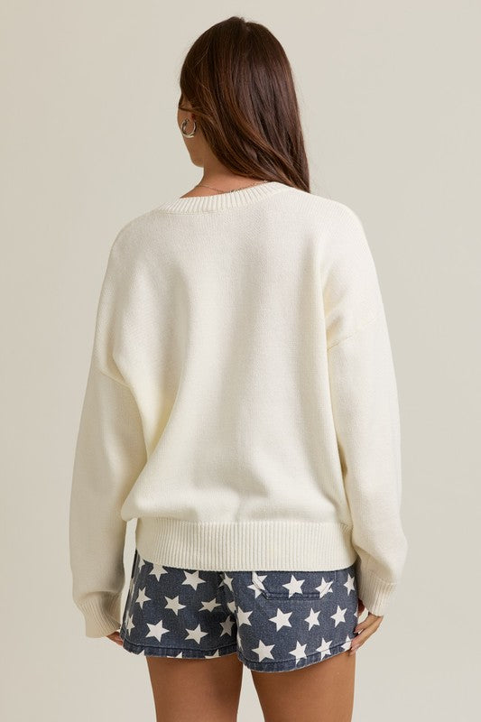 LONG SLEEVE TEDDY BEAR CREW NECK GRAPHIC SWEATER IN NAVY
