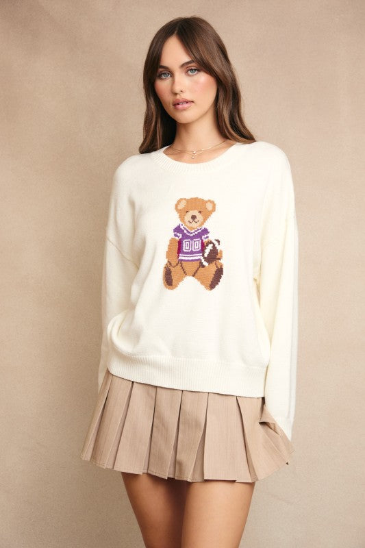 LONG SLEEVE TEDDY BEAR CREW NECK GRAPHIC SWEATER IN PURPLE