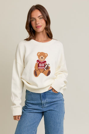 LONG SLEEVE TEDDY BEAR CREW NECK GRAPHIC SWEATER IN RED
