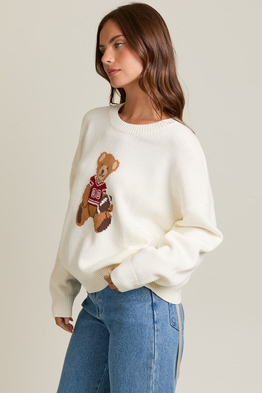 LONG SLEEVE TEDDY BEAR CREW NECK GRAPHIC SWEATER IN RED