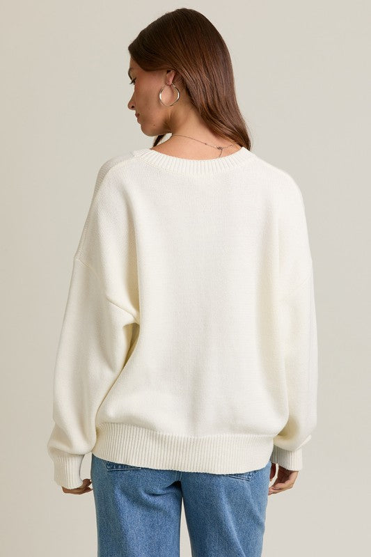LONG SLEEVE TEDDY BEAR CREW NECK GRAPHIC SWEATER IN RED