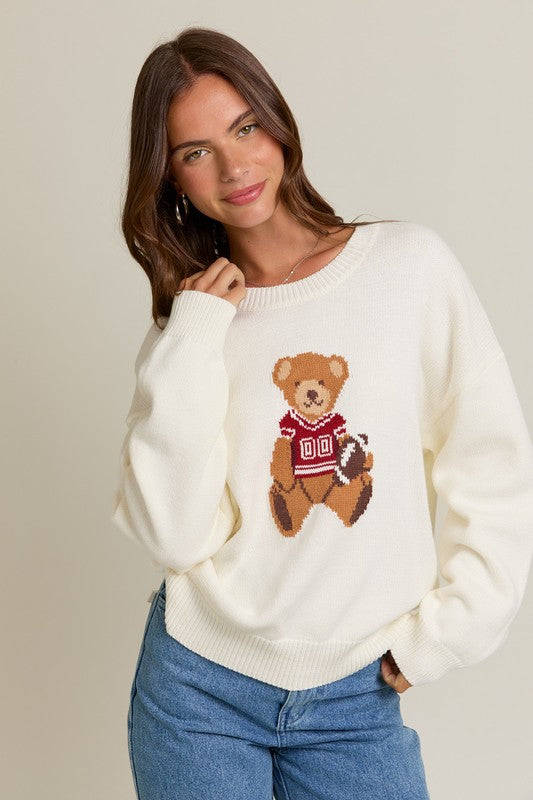 LONG SLEEVE TEDDY BEAR CREW NECK GRAPHIC SWEATER IN RED