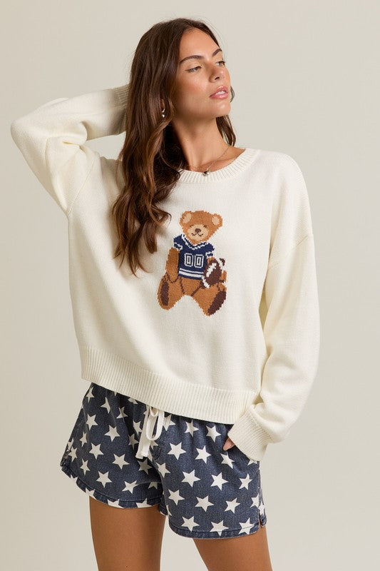 LONG SLEEVE TEDDY BEAR CREW NECK GRAPHIC SWEATER IN NAVY