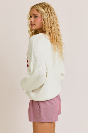 ROUND NECK OVERSIZE  AMERICAN FLAG SWEATER TOP IN IVORY