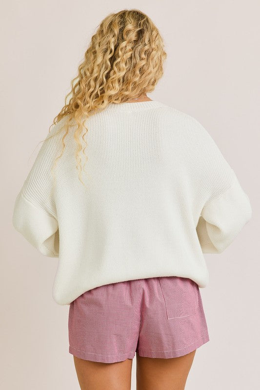 ROUND NECK OVERSIZE  AMERICAN FLAG SWEATER TOP IN IVORY