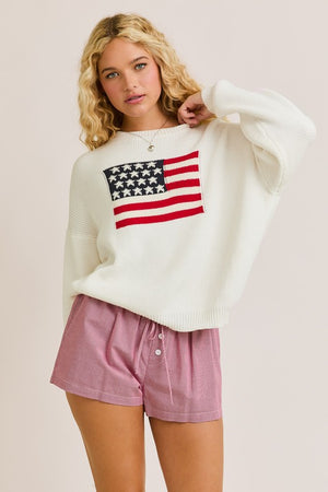 ROUND NECK OVERSIZE  AMERICAN FLAG SWEATER TOP IN IVORY