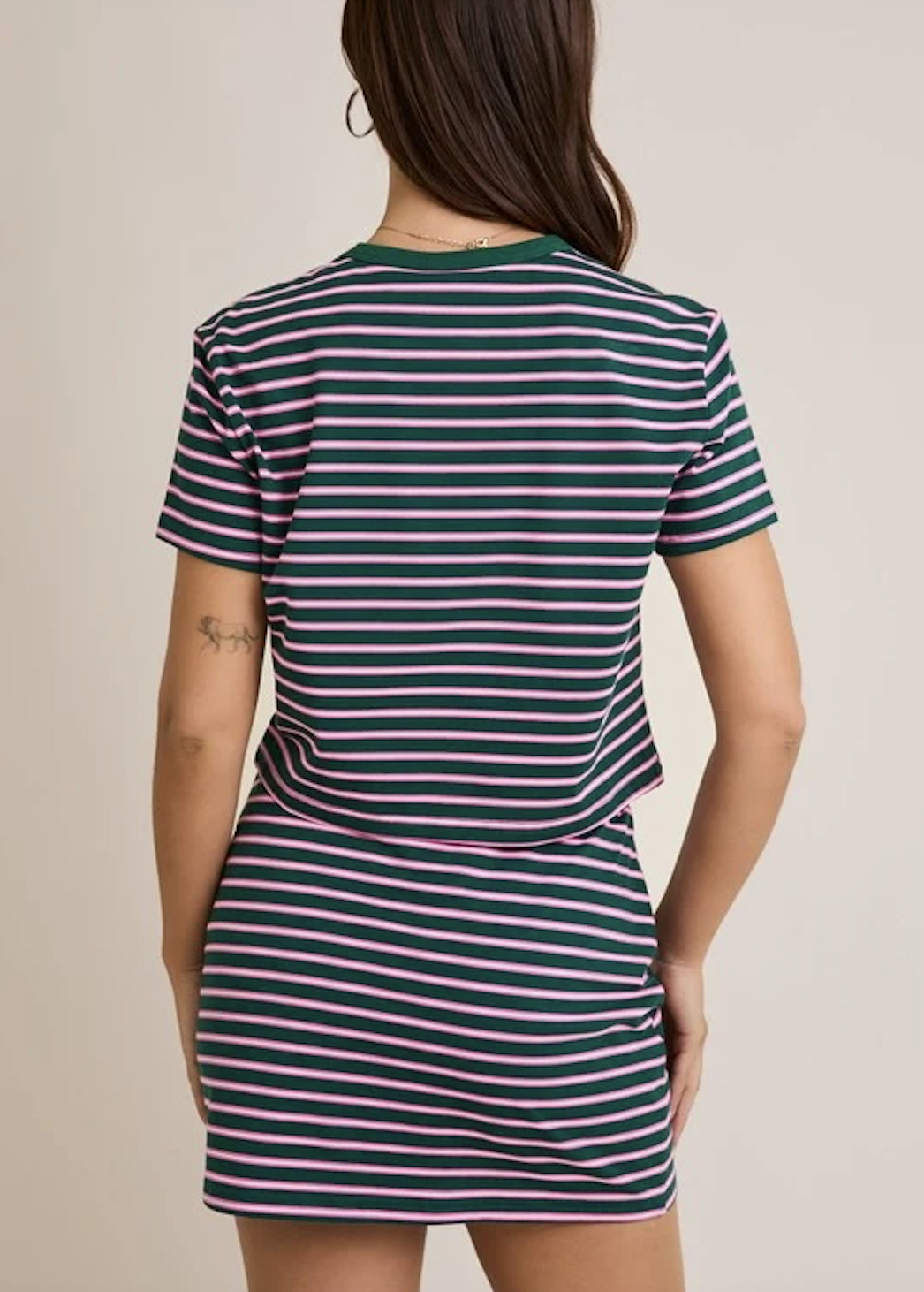 SHORT SLEEVE STRIPED BABY TEE WITH MATCHING SKORT IN GREEN AND PINK