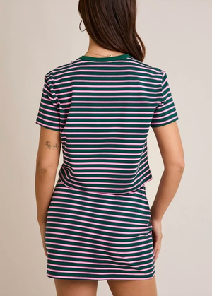 SHORT SLEEVE STRIPED BABY TEE WITH MATCHING SKORT IN GREEN AND PINK