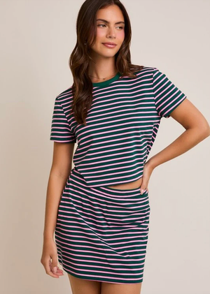 SHORT SLEEVE STRIPED BABY TEE WITH MATCHING SKORT IN GREEN AND PINK