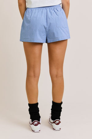 WAIST TIE CHECK SHORTS IN BLUE
