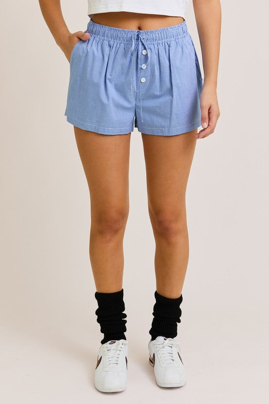 WAIST TIE CHECK SHORTS IN BLUE