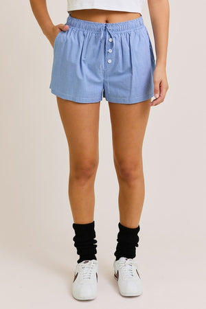WAIST TIE CHECK SHORTS IN BLUE