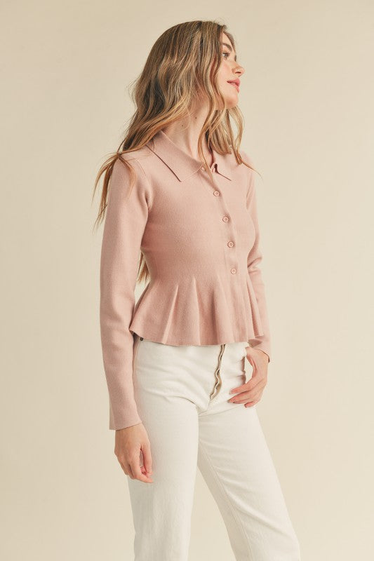 BRYN PEPLUM SWEATER TOP IN DUSTY MAUVE