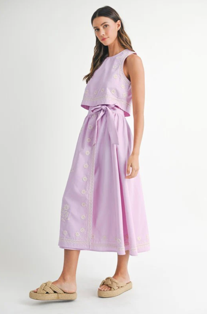 EMBROIDERED CROP TOP AND MIDI SKIRT IN PINK LAVENDER
