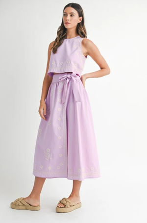 EMBROIDERED CROP TOP AND MIDI SKIRT IN PINK LAVENDER
