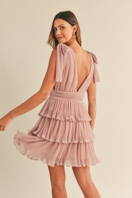 EVA LUREX PLEATED TIERED MINI DRESS IN DUSTY MAUVE