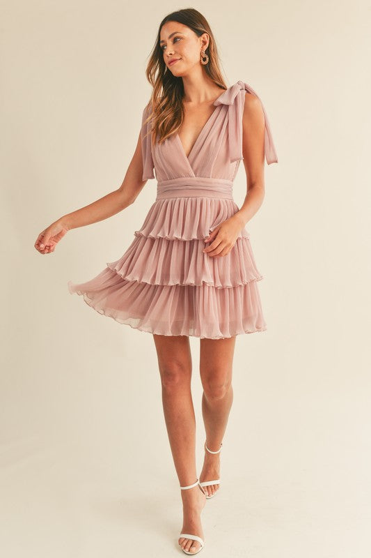 EVA LUREX PLEATED TIERED MINI DRESS IN DUSTY MAUVE