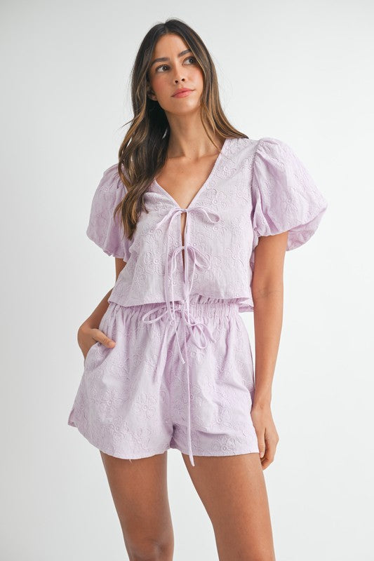 FLORAL EMBROIDERED BOW BLOUSE AND SHORTS SET IN LAVENDER