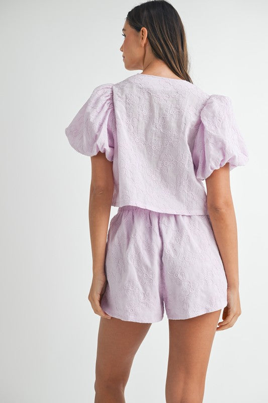 FLORAL EMBROIDERED BOW BLOUSE AND SHORTS SET IN LAVENDER