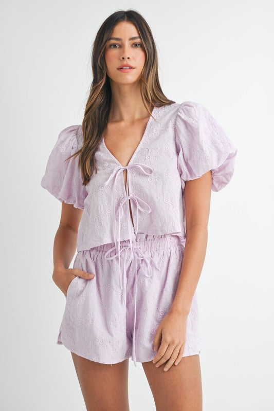 FLORAL EMBROIDERED BOW BLOUSE AND SHORTS SET IN LAVENDER