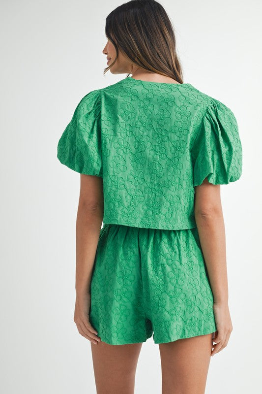 FLORAL EMBROIDERED BOW BLOUSE AND SHORT SET IN GREEN