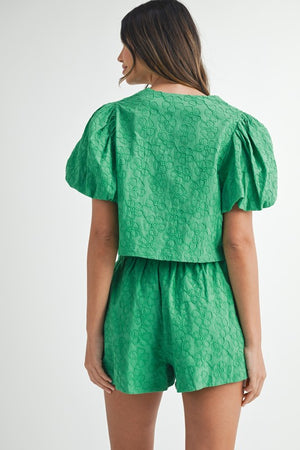 FLORAL EMBROIDERED BOW BLOUSE AND SHORT SET IN GREEN