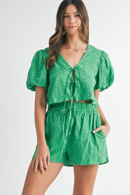 FLORAL EMBROIDERED BOW BLOUSE AND SHORT SET IN GREEN