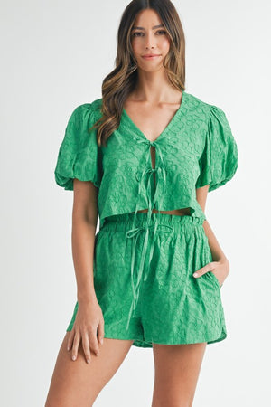 FLORAL EMBROIDERED BOW BLOUSE AND SHORT SET IN GREEN
