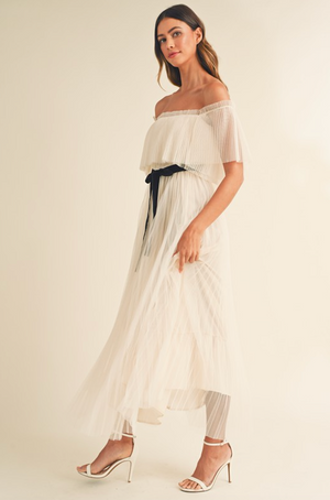 GEORGIA PLEATED RUFFLE MAXI DRESS IN CREAM