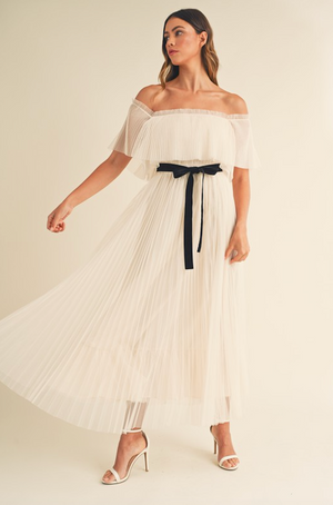GEORGIA PLEATED RUFFLE MAXI DRESS IN CREAM