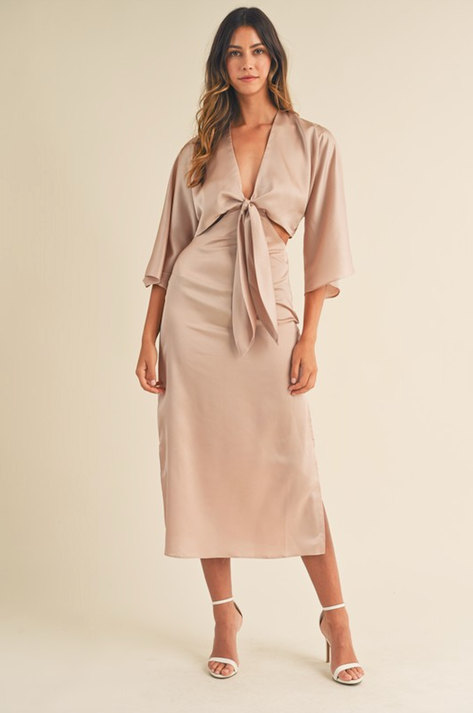 Taupe wrap dress deals