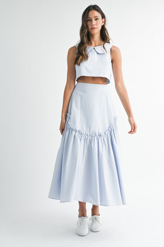 POPLIN COLLAR SLEEVELESS CROP TOP AND SKIRT SET IN LIGHT BLUE