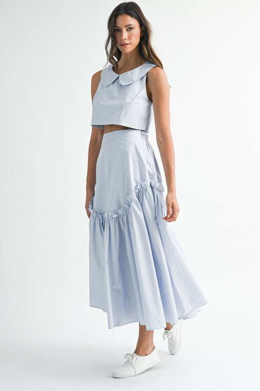 POPLIN COLLAR SLEEVELESS CROP TOP AND SKIRT SET IN LIGHT BLUE